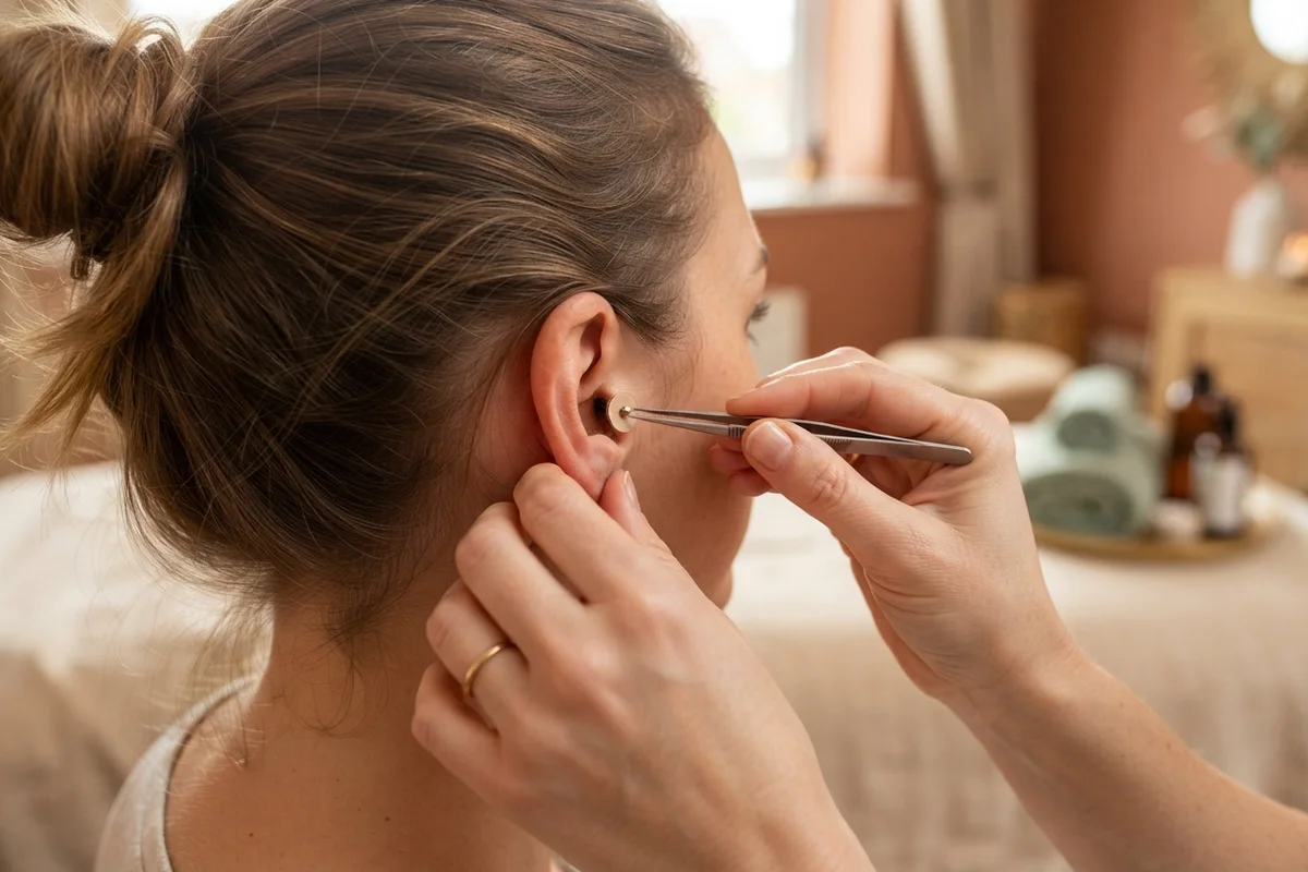 Tratamento de auriculoterapia com sementes na orelha