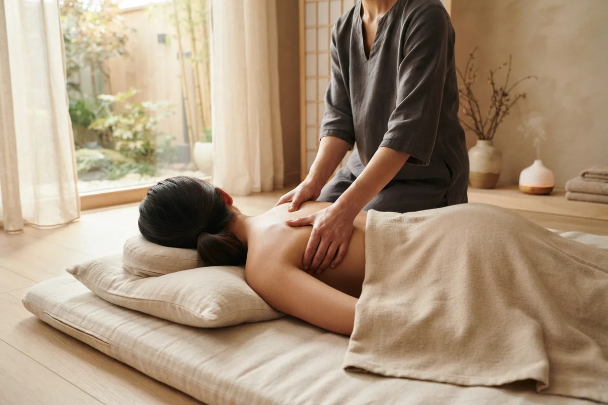 Aplicação de shiatsu com pressão nos dedos